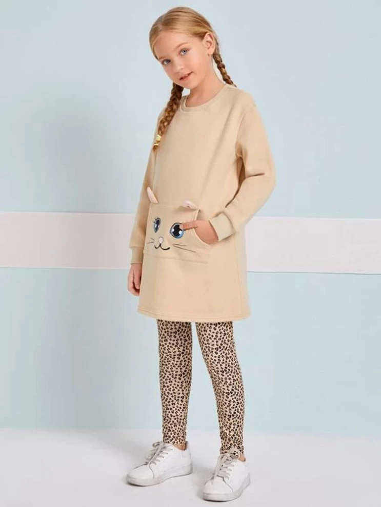 Fashion Deals Kuwait  Girls Cartoon Pattern Patch Pocket Pullover &  Leopard Leggings Set