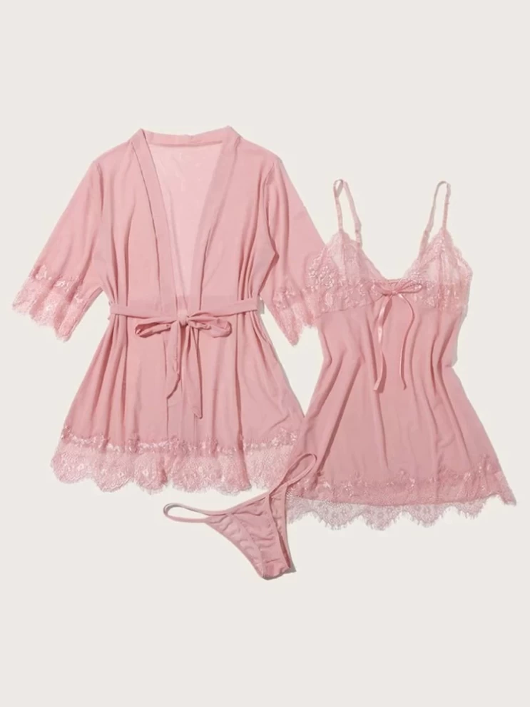 Fashion Deals Kuwait  Murzansi Lingerie Set 3pack Lace Trim Mesh Slips  With Thong & Belted Robe (Color : Pink, Size : M)